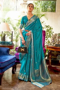 Buy Dazzling Cyan Color Weaving Work Saree In Art Silk Fabric Online from SareesBazaar at Best Price Fashion Sarees, Indian Designer Sarees, Satin Saree, Designer Sarees Online, Art Silk Sarees, Latest Sarees, Blue Party, Saree Shopping, Wear Saree