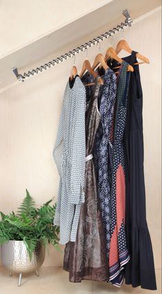 clothes are hanging on a rack in front of a potted plant