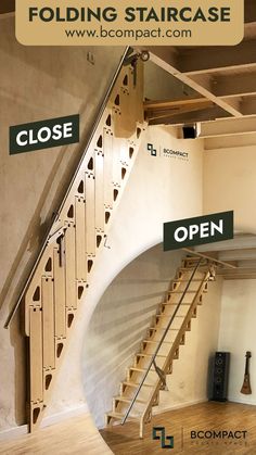 an open staircase with the words folding staircase above it and below that are pictures of different steps