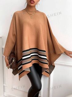 SHEIN LUNE Padrão Listrado Manga De Asa De Morcego Bainha Assimétrica Suéter Poncho | SHEIN Brasil Women Sweaters, Poncho Sweater, Dresses Women, Lookbook Outfits, Asymmetrical Hem, Batwing Sleeve, Winter Wear, Asymmetric Hem, Ponchos