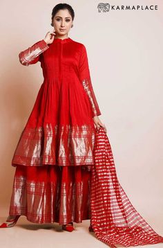 Buy Red Art Silk Wevon Plazzo Suit Set Banarasi Suits, Plazzo Suit, Diwali Dresses, Trendy Outfits Indian, Simple Kurta Designs, Long Kurti, Indian Dresses Traditional, Beautiful Dress Designs