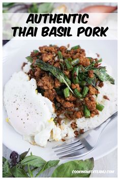 a plate with rice, meat and vegetables on it that says thai basil stir fry