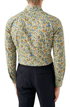 A vibrant floral design defines a modern-fit dress shirt cut from pure cotton. Smart cuffs convert from button to French for added versatility. Spread collar with permanent collar stays Convertible button cuffs 100% cotton Dry clean or machine wash, line dry Imported Elegant Fitted Multicolor Shirt, Fitted Multicolor Top With Button Cuffs, Formal Multicolor Slim Fit Shirt, Formal Fitted Multicolor Shirt, Multicolor Elegant Shirt With Spread Collar, Elegant Multicolor Shirt With Spread Collar, Formal Multicolor Fitted Shirt, Multicolor Fitted Formal Shirt, Formal Multicolor Cotton Shirt