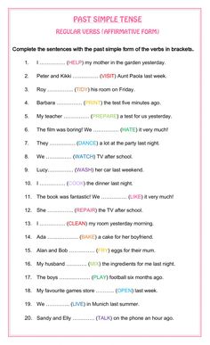 the past simple tense worksheet is shown in pink and white, with an image of