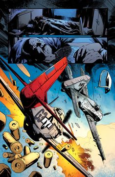 a comic book page with an airplane flying through the air and another plane in the background