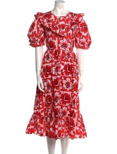 Batsheva x Laura Ashley A-Line DressRedFloral PrintPleated & Ruffle AccentsShort Sleeve with Crew NeckConcealed Zip Closure at Back Midi Length Dress, Accessories Jacket, Laura Ashley, Outerwear Sweater, Shirt Accessories, Hoodie Dress, Sweater Accessories, Dress Accessories, Jacket Tops