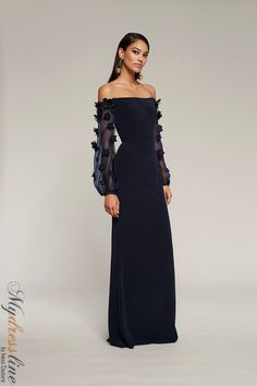 Looking for a show-stopping dress for your next big event? Check out the Frascara 4018 Off the shoulder gown. This beautiful dress features full sheer sleeves with flower appliques, a fit and flare silhouette, and a hidden back zipper. It's made from 80% triacetate and 20% polyester and is satin lined for a luxurious feel. Longsleeve Bridesmaid Dresses, Classy Wardrobe, Long Sleeve Bridesmaid Dress, Black Evening Gown, Plastic Dress, Off Shoulder Dresses, Bride Groom Dress, Free Dresses, Prom Girl