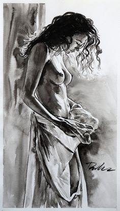 a black and white drawing of a woman in a bathrobe with her hands on her hips