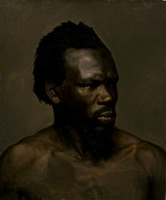 a painting of a man with black hair and no shirt, staring at the camera