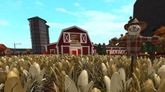 an animated scarecrow standing in the middle of a corn field next to a red barn