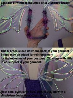 the instructions for how to make a purple and silver costume with feathers on it, including wings