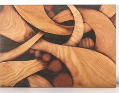 a painting of wood with nuts and leaves on it's sides, as well as an acrylic background