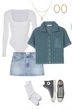 a white shirt, blue jean shorts and converse sneakers are outfitted for the day