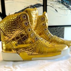 European Size 41 Bright Gold Color. Beaded Around The Lace Openings. Brand New Never Worn. Pristine Condition. Smoke Free Home. Doesn’t Come With Laces Or Chanel Box. Gold Tennis Shoes, Chanel Box, Gold Chanel, Girly Shoes, Bright Gold, Chanel Shoes, Tennis Shoes, Hulk, High Top