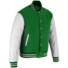 Varsity Letterman Baseball Forest Green Wool and White Genuine Leather Sleeves Jacket with White Trims If your required Size & Color Combination is not listed then please contact with us We will respond you as soon as possible the estimated time is 12 Hours, All Sizes & Color Combinations are Available. The quality of the varsity jacket is the finest in the field. 100% high quality Wool. A fine quilt lining with Wool trimmed inside pocket are all part of the complete package. Each varsity jacket Classic Green Outerwear With Ribbed Cuffs, Green Fitted Varsity Outerwear, Fitted Green Varsity Outerwear, Classic White Varsity Jacket For Winter, Fitted Green Varsity Jacket, Classic White Outerwear With Contrast Trim, Fitted White Outerwear For College, White Winter Outerwear With Contrast Collar, White Fitted Varsity Outerwear