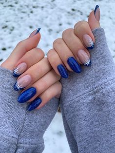 instagram: @nails_by_briannab#nailart #nail #weddingnails #aesthetic Nail Inspiration January, Christmas Nails Blue Glitter, Nails For Christmas Blue, Christmas Nails New Years, Navy Nails Christmas, Winter Blue French Tip Nails, Winter Nail Gel Ideas, Nail Art Winter 2023, Navy Blue Christmas Nails Winter