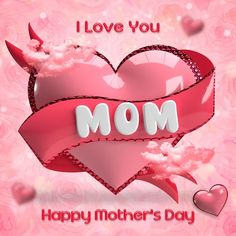 happy mother's day greeting card with heart and ribbon on pink background for mom