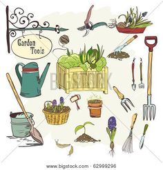 garden tools and gardening implements are arranged in this hand - drawn illustration on a white background