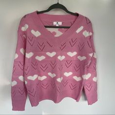 Heart Pattern Knit Sweater Perfect For Valentines Day! Light Pink With White Hearts Long Sleeves V Neck Pull Over New And Never Worn But No Tags Attached These Fit On The Smaller Side. I Would Go One Size Up For A Fitted Look And 2 Sizes Up For A Looser Look. All Measurements Are Approximate While Laying Flat Per Individual Ones I Measured. Sizes Can Be Off A Little From Sweater To Sweater... Small Pit To Pit: 18.5" Length: 22" Sleeve: 18.5" Waist: 18" Large Pit To Pit: 20" Length: 22" Sleeve: 1 Shein Sweater, Dolman Sleeve Sweater, Henley Sweater, White Hearts, Summer Sweaters, Boutique Sweater, Madewell Sweater, Off Shoulder Sweater, Argyle Sweater