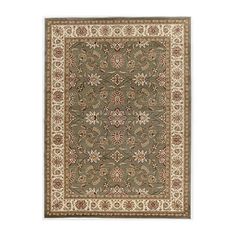 a rug with an intricate design on the front and side, in green tones that are bordered by beige accents