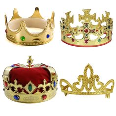 PRICES MAY VARY. Your costume of royalty is totally improved with this amazing 4 pack of king crown in various styles. Costume accessory set comes with 3 assorted gold costume crowns, and one costume tiara. Crowns are decorated with colorful jewels. Tiara is a beautiful sparkly headpiece. Perfect for Halloween, and office parties, this is an easy favorite Dress up like a royal king or queen with this amazing pack of costume hats that is sure to make your party better. Your costume of royalty is Royal King Crown, Crowns Royal, King Crowns, King Queen Prince Princess, Boy Crown, Gold Crowns, King Dress, Royal Costume, Medieval Party