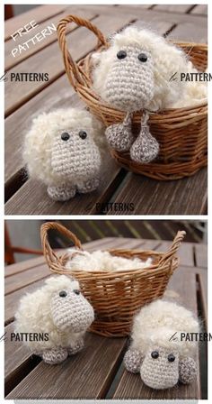 two pictures of stuffed animals in a basket on a wooden table with instructions to make them look like they are crocheted