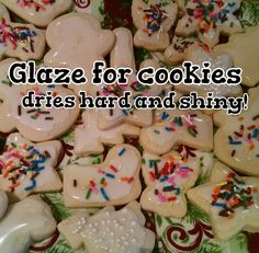 there is a pile of cookies that have sprinkles on them and the words glaze for cookies dries hard and shiny