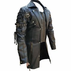 Find many great new & used options and get the best deals for Men Real Cow Leather Matrix Trench Steampunk Gothic Style Coat 2XL Length 38" at the best online prices at eBay! Free shipping for many products! Leather Outerwear With Rivets For Alternative Fashion, Gothic Black Outerwear With Rivets, Black Riveted Outerwear For Cosplay, Gothic Outerwear With Rivets, Gothic Outerwear With Rivets For Alternative Fashion, Gothic Leather Outerwear, Black Rivets Outerwear For Halloween, Black Riveted Outerwear For Halloween, Gothic Leather Outerwear With Long Sleeves