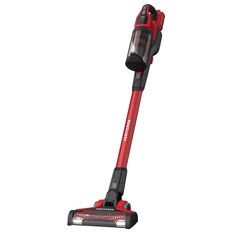 a red and black vacuum cleaner on a white background