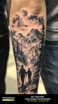 Unique Half Sleeve Tattoo Ideas for Men Ink Inspiration Galore Bottom Half Sleeve Tattoo Men, Cool Men Tattoos Ideas Unique, Male Tattoo Ideas Arm Half Sleeves, Mountain Half Sleeve Tattoo, Mountains Half Sleeve Tattoo, Men Arm Sleeve Tattoo Ideas, Men’s Outdoor Sleeve Tattoo, Half Sleeve Landscape Tattoo, Half Sleeve Tattoos For Men Lower Arm