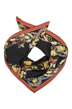 This timelessly elegant silk scarf is adorned with a floral wreath pattern with intertwined ribbons and our Mediterranean citrus fruits and pomegranates. Classic foulard size: Approx. 35" x 35". Once made famous by the likes of Audrey Hepburn, Sophia Loren and Grace Kelly, a foulard will always add a touch of elegance to your look. Hand-rolled hems: For the ultimate in luxury and sophistication, the hems are hand-rolled and sewn. 100% silk twill: A soft, silky fabric traditionally used for makin Elegant Floral Print Scarves As A Gift, Elegant Floral Print Scarves As Gift, Elegant Floral Print Scarf For Gift, Luxury Silk Scarves With Floral Print, Luxury Silk Floral Print Scarves, Elegant Floral Print Scarves, Elegant Formal Scarves With Floral Print, Elegant Floral Silk Scarf, Elegant Floral Print Scarves For Formal Occasions