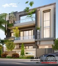 an artist's rendering of a two story building with balconies and palm trees