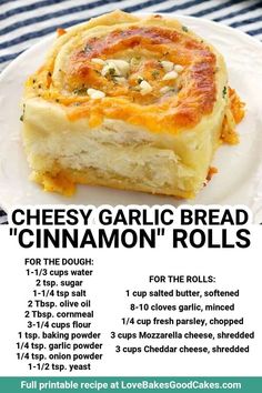 the recipe for cheesy garlic bread cinnamon rolls is shown on a white plate