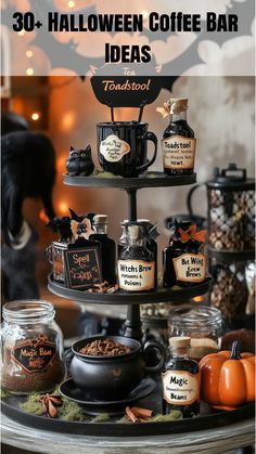 A caf�-style Halloween coffee bar featuring skull mugs, witch hats, rustic elements, dark wood, black accents, pumpkins, and bat garlands, creating a vintage yet festive atmosphere for a coffee station. Halloween Coffee Station, Wood And Black, Witch Hats