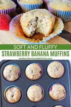 a muffin is cut in half and placed in a muffin tin with strawberries on the side