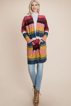 Add a touch of sophistication to your outfit with this color block striped open front cardigan. The stylish color block design and striped pattern create a chic and modern look. The open front style allows for easy layering over your favorite tops or dresses. Perfect for adding a layer of warmth and style to your every Rainbow Cardigan, Normal Body, Color Block Design, Block Design, Knitted Cardigan, Open Front Cardigan, Floral Dress Black, Hoodie Top, Look Chic