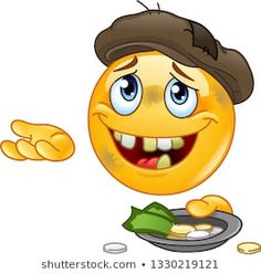 an emoticive yellow smiley face holding money and pointing to it's left side