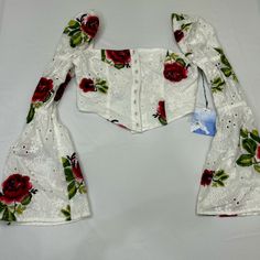 Cropped Floral Corset Top Never Worn With Tags Off Shoulder Ruffle Top, Floral Corset Top, Cream Silk Blouse, Ruffle Flower, Floral Corset, Satin Blouses, Ruffle Long Sleeve, Yellow Blouse, Front Tie Top