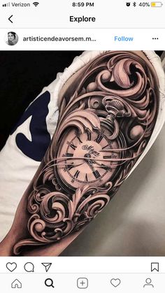 a man with a clock tattoo on his arm is shown in this instagramm photo