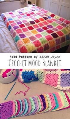 a crocheted blanket and other items on a bed