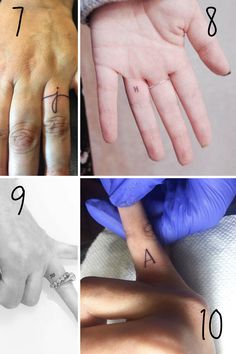 four pictures with different types of tattoos on their fingers and hands, including one showing the letter