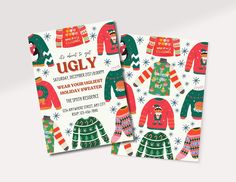 two ugly christmas sweaters are on the front and back of this holiday party card