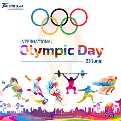 the poster for the olympic games is shown in bright colors and features an image of athletes