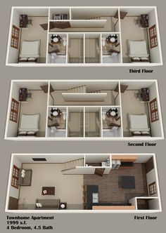 two bedroom apartment floor plans are shown in three different rooms, each with an open kitchen and living room