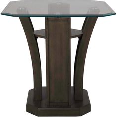 a glass top table with wooden legs