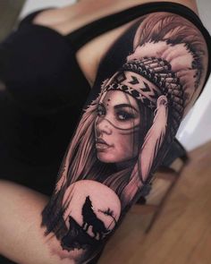 Wolf Girl Tattoos, Native Indian Tattoos, Headdress Tattoo, Catrina Tattoo, American Indian Tattoos, Native American Tattoos