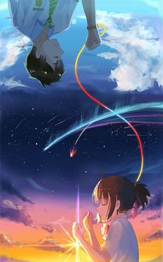 an anime scene with two people in the sky