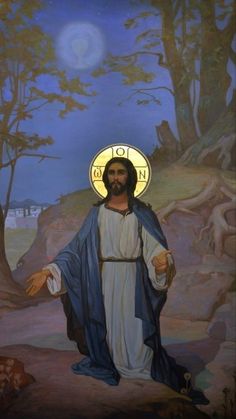 the jesus is standing in front of a painting with trees and rocks behind him, holding his hands out