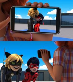 two cartoon characters are taking a selfie in front of a mirror with the caption catwoman and ladybug