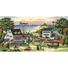 a cross stitch pattern with houses and boats on the water